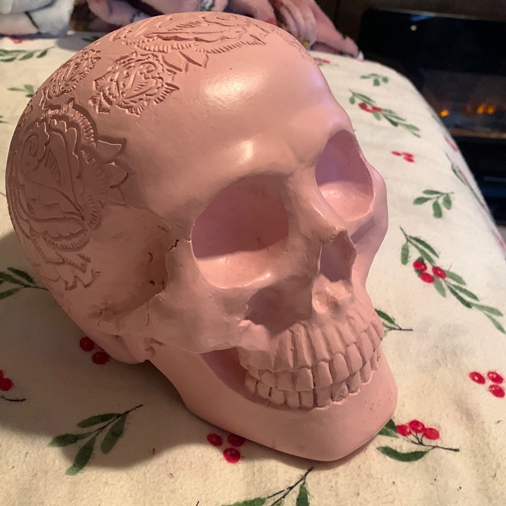 Carved wooden skull , pretty much life size skull! In light pink